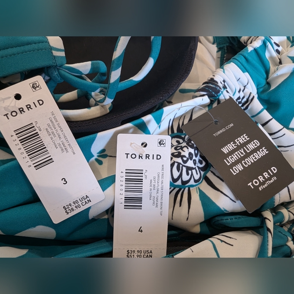 Torrid String Bikini Tie Side Cheeky Bottom 4x & Wire Free Halter 3x Floral Teal - Picture 7 of 15